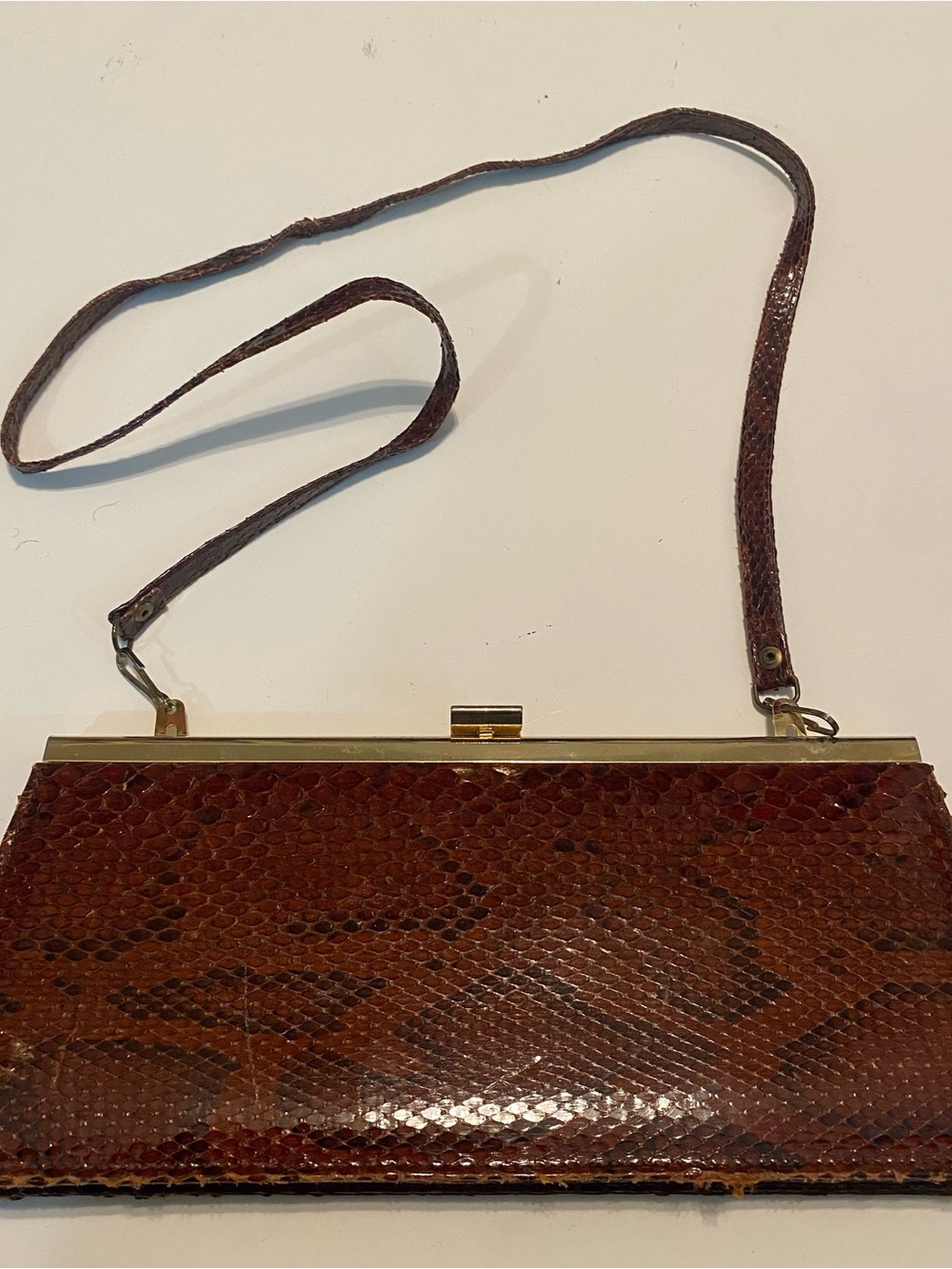 Vintage Abblesse Sleek Brown Genuine Snakeskin Crossbody Clutch
